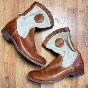 Frye Melissa Mid-Calf Pull-On Boots Brown Leather Ivory Canvas